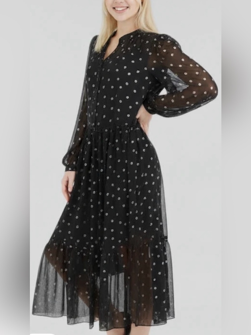 H&M Jual sheer overlay tiered balloon sleeve black gold polka dots dress size L